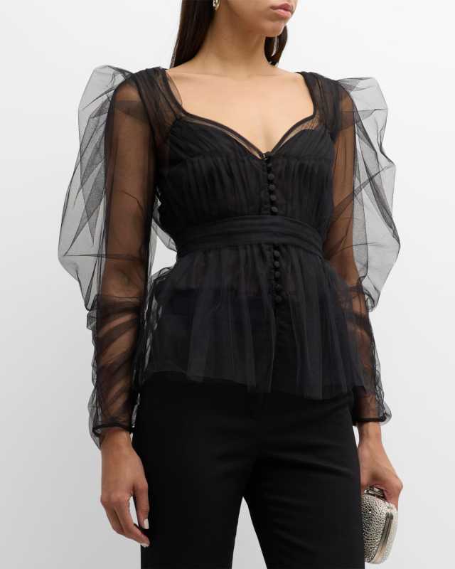 Puff Long-Sleeve V-Neck Button-Front Tulle Top
